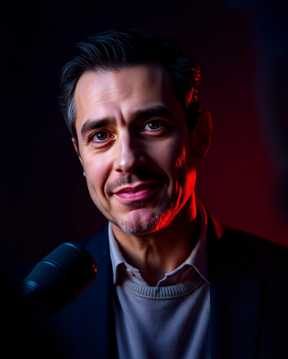 Expert being interviewed under cinematic studio lighting